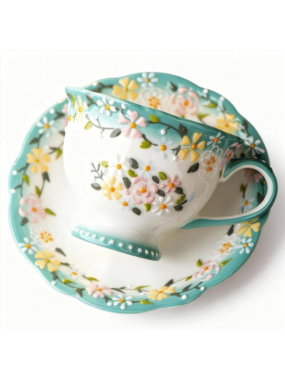 Elegant 8oz Bone China Tea Cup & Saucer Set - Azure Floral Design, Perfect for